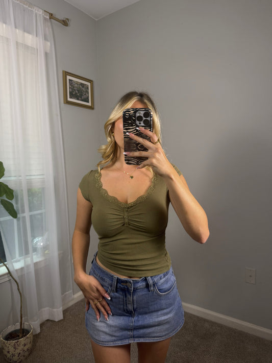 Elena Lace Trim Top (Olive Green)