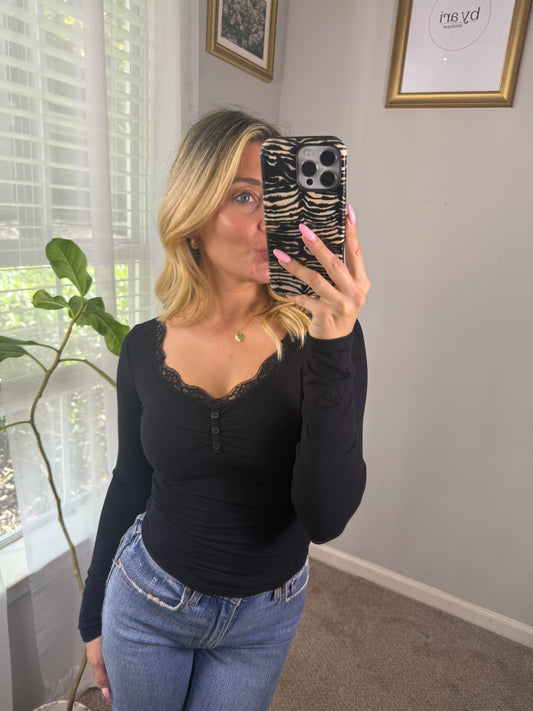 Elena Long Sleeve Lace Trim Top (Black)